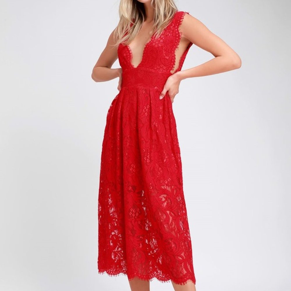 Lulus Loft Party Red Lace Sleeveless Midi Dress